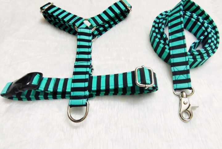 Blue & Black Stripe H-Type Harness Leash Set