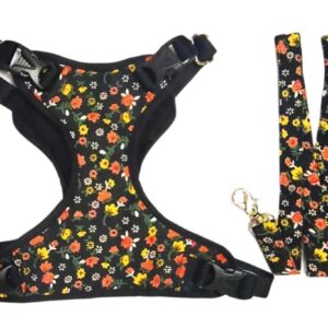 Black Floral Harness Leash Set For Dogs