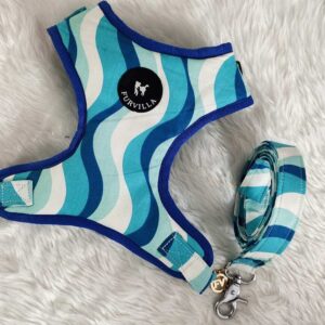 Wavy Blue & White Harness Leash Set For Cats & Dogs