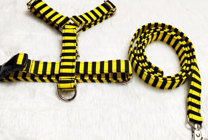 Yellow & Black Stripe H-Type Harness Leash Set For Dogs