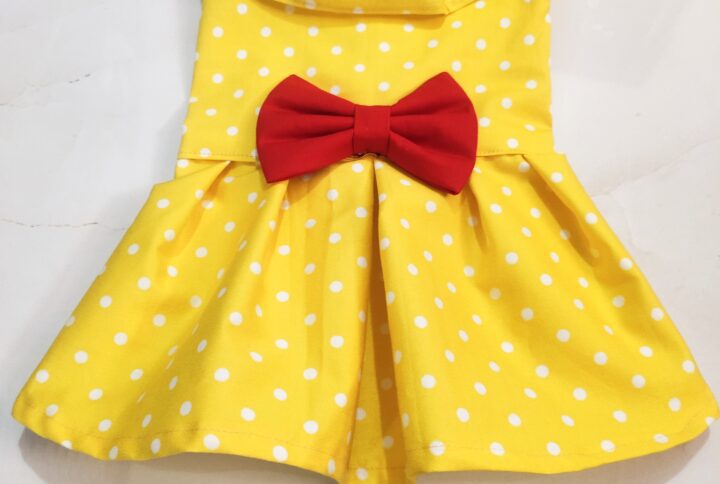 Yellow Polka Dot Casual Dress With Red Bow For Cats & Dogs