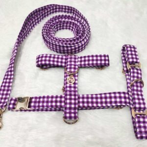 Furvilla Purple with White Check H Type Harness Martingale Collar Leash Set
