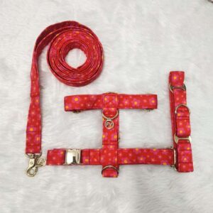 Furvilla Red Floral H Type Harness Martingale Collar Leash Set