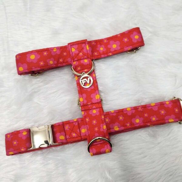 Furvilla Red Floral H Type Harness Martingale Collar Leash Set Individual