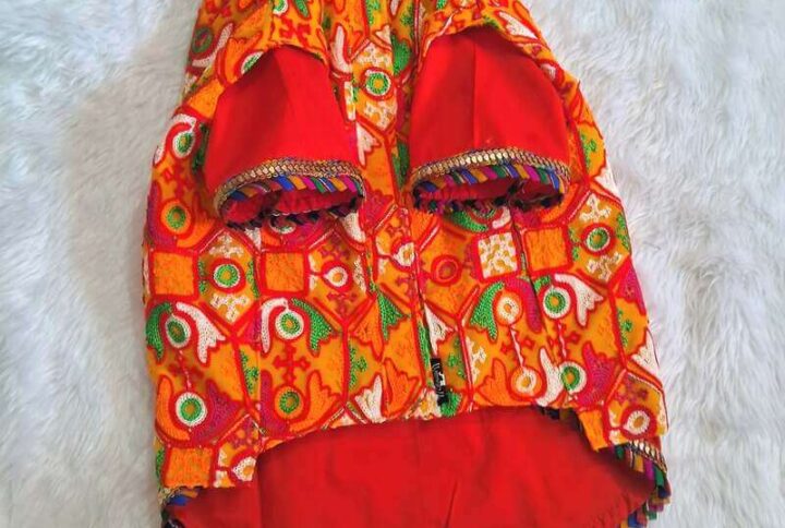 Furvilla Red Kurta with Multicolored Embroidered Jacket Backside