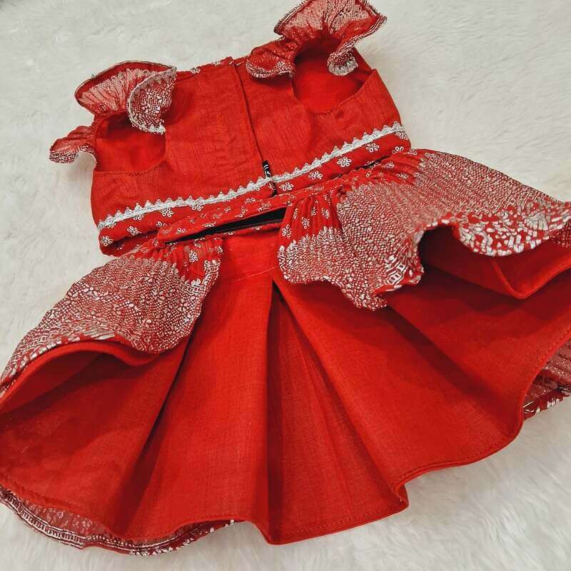 Furvilla Special Occasion Red Pleated Lehenga Choli Front