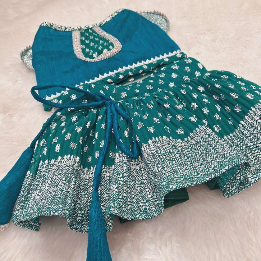 Furvilla Special Occasion Teal Pleated Lehenga Choli Back 2