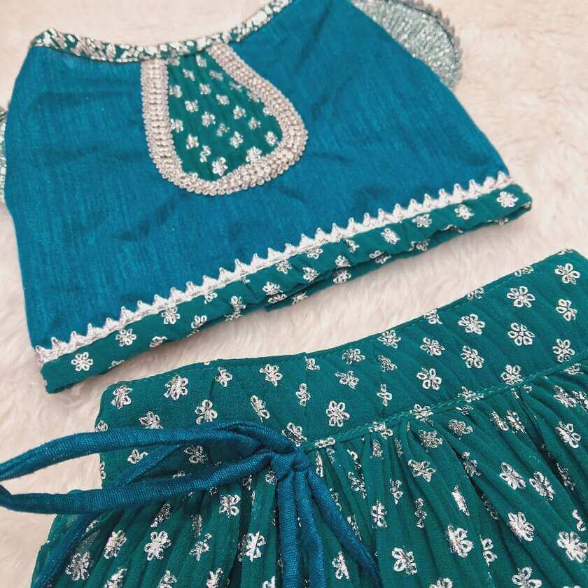 Furvilla Special Occasion Teal Pleated Lehenga Choli Back 3