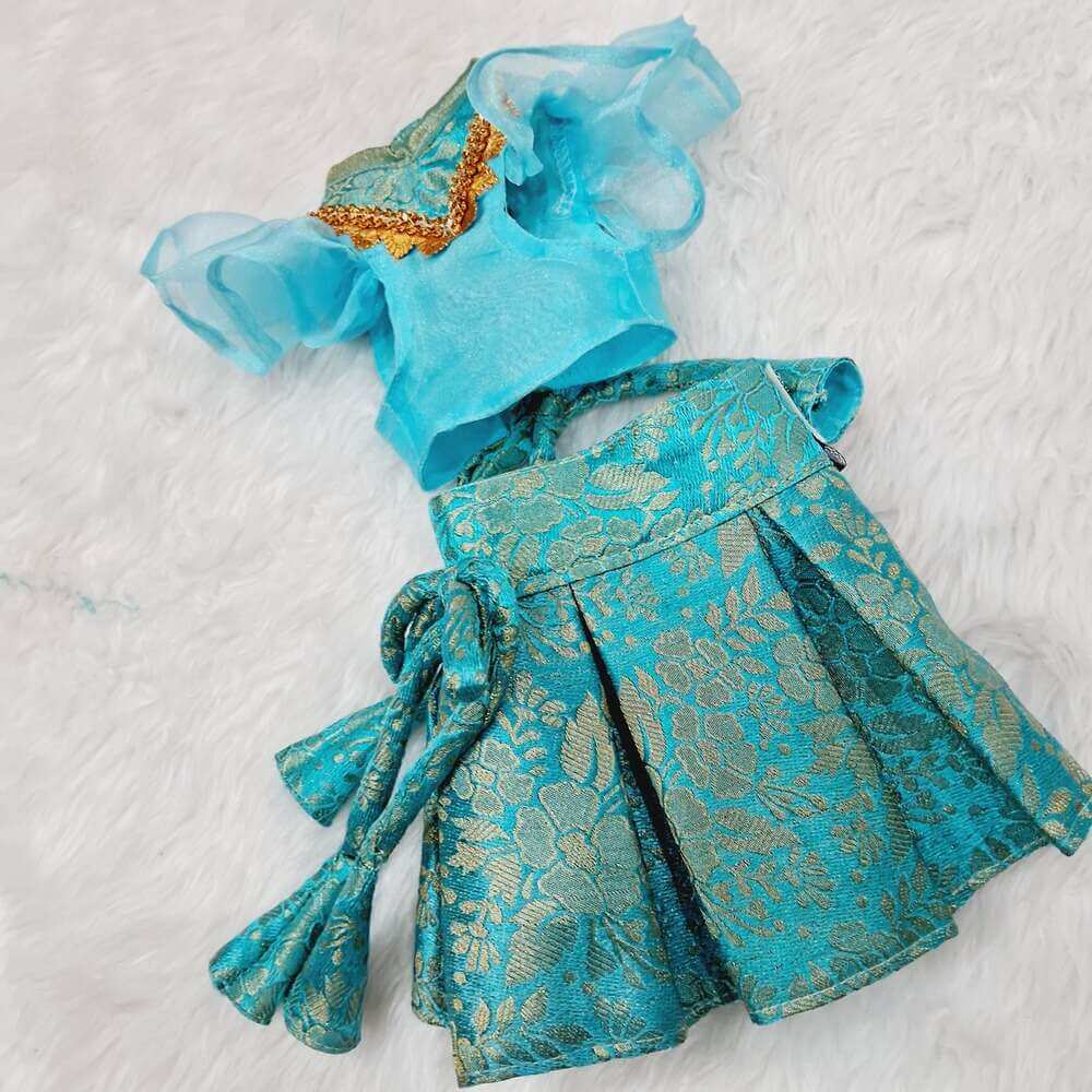 Furvilla Stylish Sky Blue Brocade Lehenga Choli Back