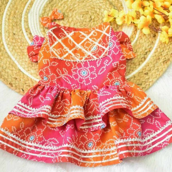 Furvilla Orange Pink Color Bandhani Cotton Dress Back