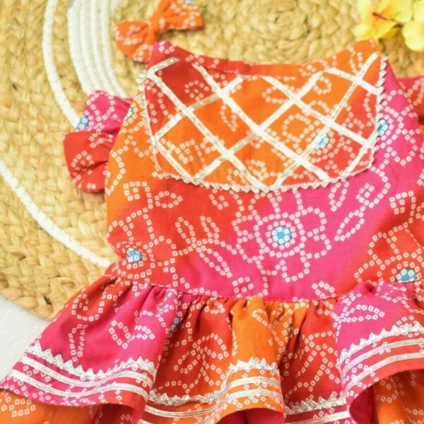 Furvilla Orange Pink Color Bandhani Cotton Dress Back Upclose