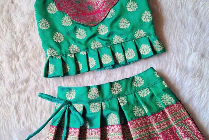 Furvilla Green Pink Color Ethnic Pattu Lehenga Choli