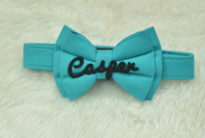 Furvilla Light Blue Plain Name Embroidered Customizable Bow with Adjustable Velcro Collar