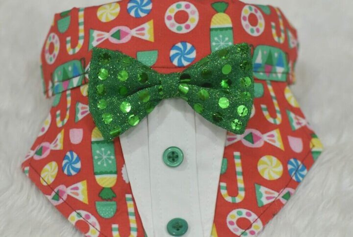 Furvilla Xmas Candy Theme Tuxedo Bandana with attached collar adjuster